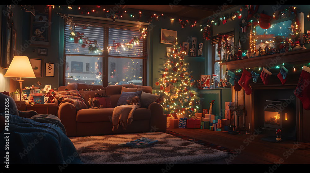 A serene living room scene with soft blankets, a decorated tree, and festive lights illuminating the space A serene living room scene with soft blankets, a decorated tree, and festive lights illuminating the space