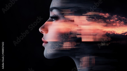 Digital sunset portrait, woman's face illuminated by projected scenery, a fusion of nature and technology in artistic photography