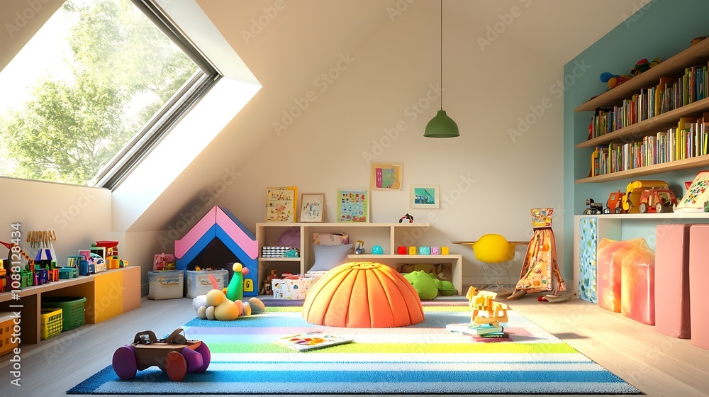 Sunlit attic playroom with colorful toys, bookshelves, and a rainbow rug. Sunlit attic playroom with colorful toys, bookshelves, and a rainbow rug.