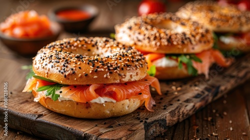 Three delicious bagels with smoked salmon, cream cheese, and parsley on a rustic wooden board.