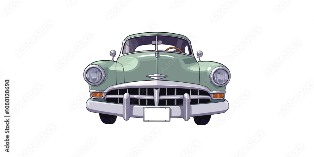 Obraz premium front Classic green Car on a City Parked in Street drawing