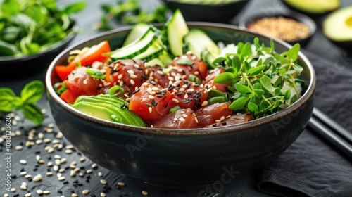 A bowl of poke with tuna, avocado, cucumber, tomato, rice, and sesame seeds.