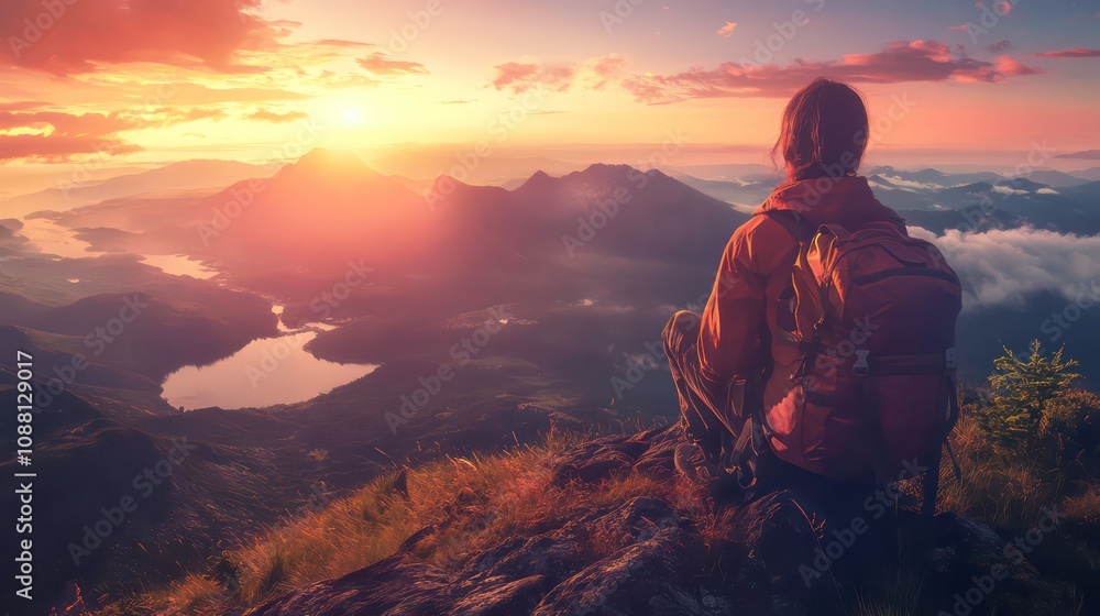A lone hiker sits on a mountaintop, looking out at a beautiful sunrise over a lake and valley. A lone hiker sits on a mountaintop, looking out at a beautiful sunrise over a lake and valley.