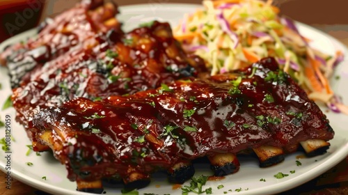 A plate of BBQ ribs with coleslaw on the side.