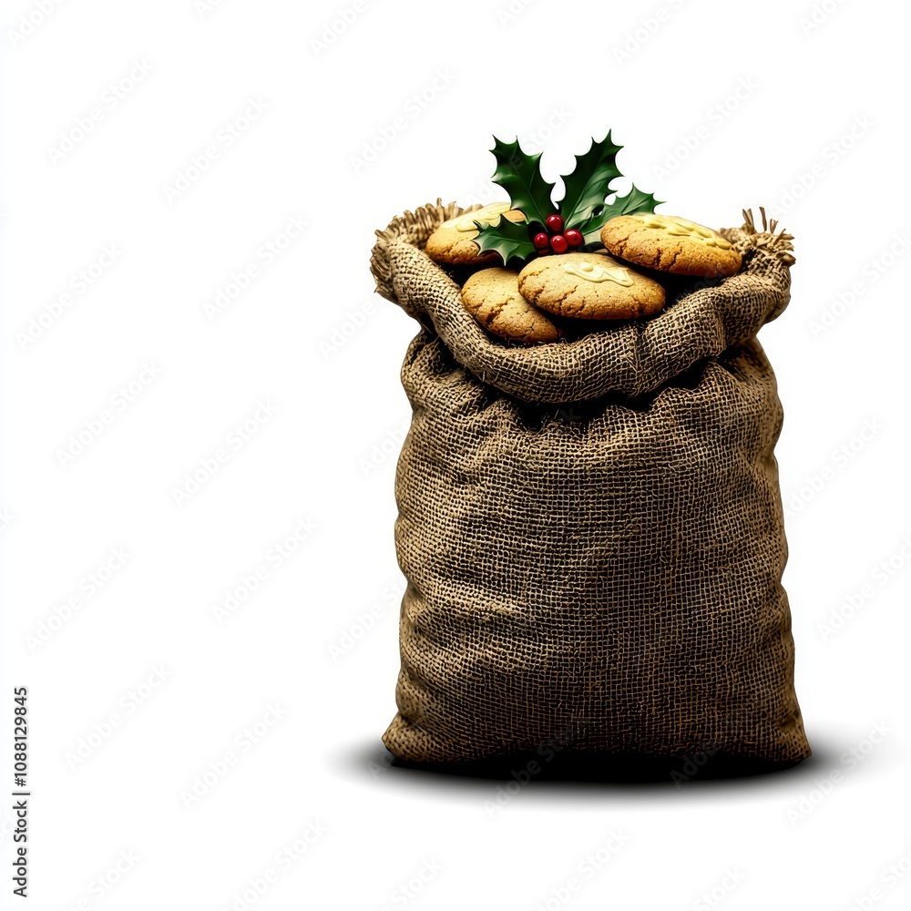 Obraz premium Burlap Sack Overflowing with Christmas Cookies and Holly Sprig