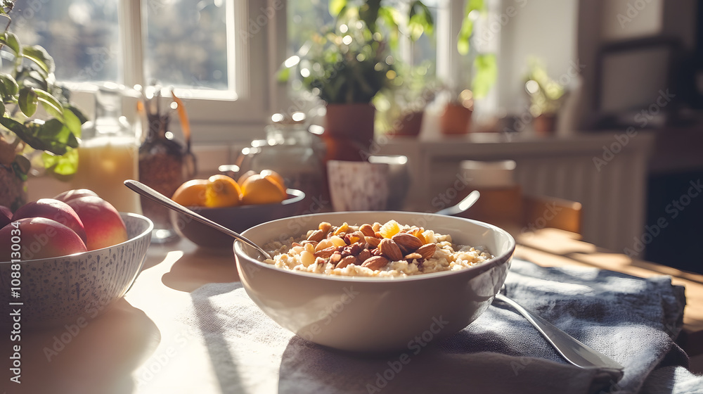 Healthy Oatmeal Breakfast with Nuts and Fruit in Sunny Kitchen Healthy Oatmeal Breakfast with Nuts and Fruit in Sunny Kitchen