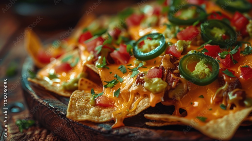 A close-up of a plate of nachos topped with melted cheese, guacamole, tomatoes, and jalapenos. A close-up of a plate of nachos topped with melted cheese, guacamole, tomatoes, and jalapenos.