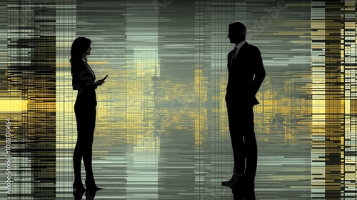 Abstract composition featuring silhouettes of a man and woman in business, on a blue-green-yellow cityscape background photo