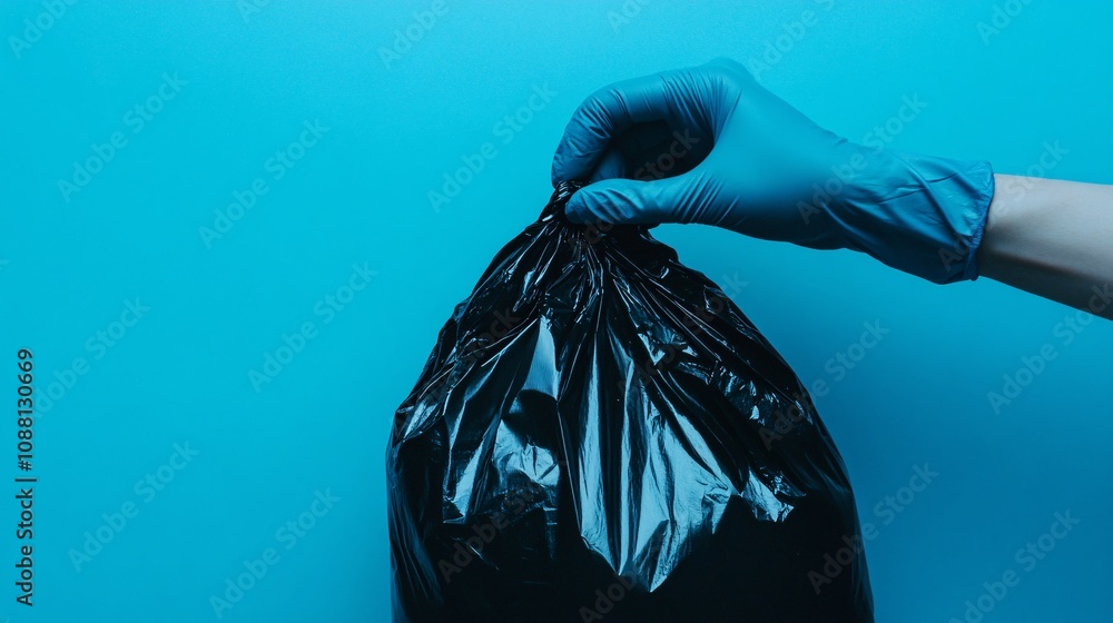 29.A close-up of a gloved hand tightly holding the top of a filled black garbage bag, with the bag’s reflective surface capturing subtle lighting effects. The blue background is smooth and 29.A close-up of a gloved hand tightly holding the top of a filled black garbage bag, with the bag’s reflective surface capturing subtle lighting effects. The blue background is smooth and