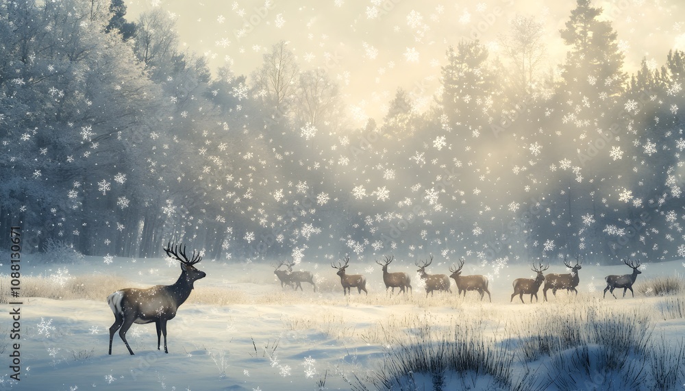 A serene winter scene featuring a deer and a group of reindeer in a snowy landscape. The soft snowfall and ethereal light create a peaceful and beautiful atmosphere in nature. A serene winter scene featuring a deer and a group of reindeer in a snowy landscape. The soft snowfall and ethereal light create a peaceful and beautiful atmosphere in nature.