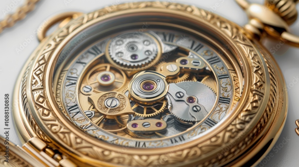 Close-up of intricate gold pocket watch mechanism, revealing gears and Roman numerals. Close-up of intricate gold pocket watch mechanism, revealing gears and Roman numerals.