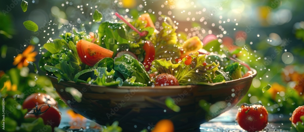Fresh salad with various leafy greens, tomatoes, and cucumber, splashed with water droplets in a rustic bowl. Fresh salad with various leafy greens, tomatoes, and cucumber, splashed with water droplets in a rustic bowl.
