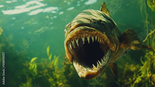 Close-up Image of a Piranha Hunting Underwater with Its Sharp Teeth Visible, Capturing the Intensity of the Predator in Action photo