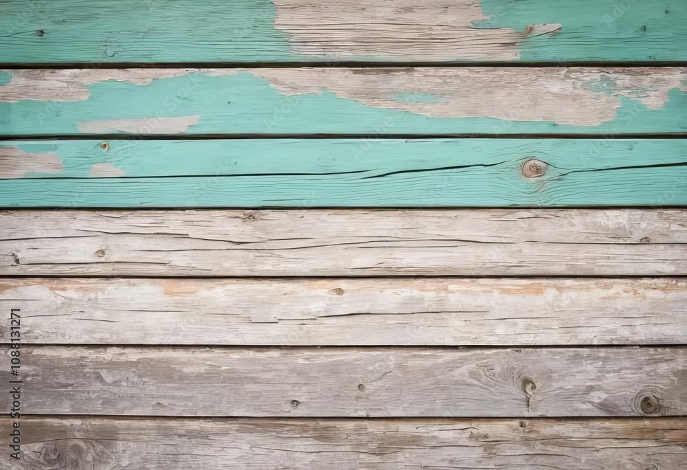 Obraz premium A close-up of a weathered, painted wood wall with peeling paint and knots in the wood