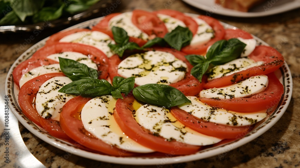 24.A plate of Caprese salad arranged in a circular pattern, with alternating slices of tomato and mozzarella, accented by fresh basil leaves. The drizzle of olive oil adds a glossy finish to the 24.A plate of Caprese salad arranged in a circular pattern, with alternating slices of tomato and mozzarella, accented by fresh basil leaves. The drizzle of olive oil adds a glossy finish to the