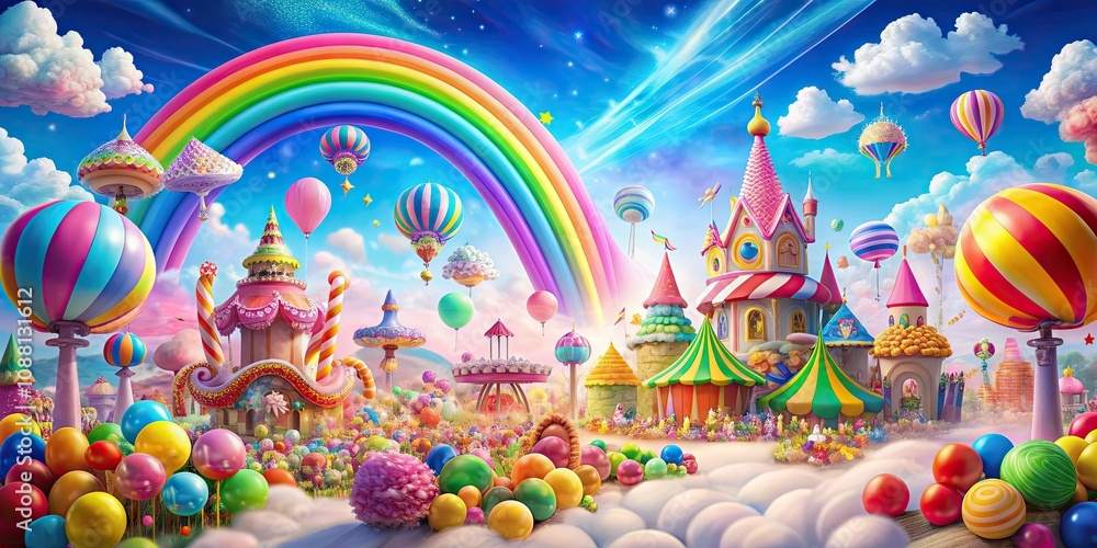 Colorful candies and fairies in an amusement park setting with fluffy clouds and rainbows , amusement park, colorful, candies Colorful candies and fairies in an amusement park setting with fluffy clouds and rainbows , amusement park, colorful, candies