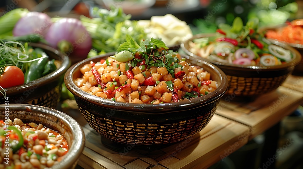 A cozy ambiance in a som tum restaurant, highlighting the food menu and preparation of larb A cozy ambiance in a som tum restaurant, highlighting the food menu and preparation of larb