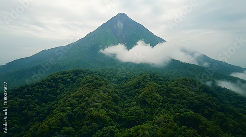 A Majestic Mountain Peak Pierces Through a Blanket of Clouds Above Lush Green Foliage, Capturing the Serene Beauty of Nature's Majesty in a Breathtaking Aerial View.