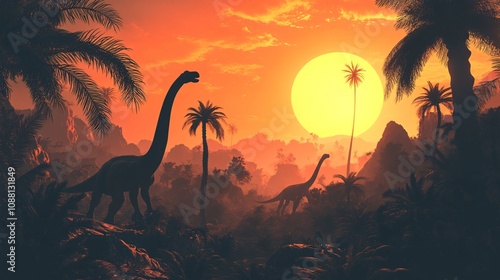 Fototapeta Naklejka Na Ścianę i Meble -  103.Majestic sauropod dinosaurs strolling through a prehistoric valley, their dark silhouettes contrasting against the deep orange hues of a setting sun. In the foreground, tall palm trees and dense