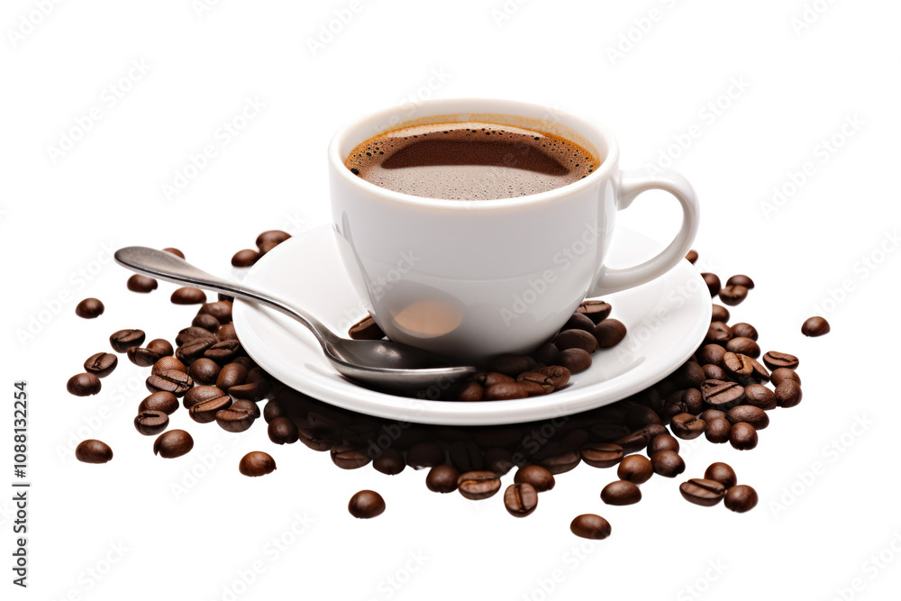A stylish espresso coffee cup with a saucer, spoon, and a few coffee beans placed next to the cup isolated on white background A stylish espresso coffee cup with a saucer, spoon, and a few coffee beans placed next to the cup isolated on white background