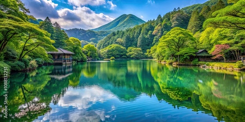 Tranquil Lake Kinrinko surrounded by lush greenery in Yufuin, Japan, serene, reflection, scenic, landscape, Yufuin, Japan photo