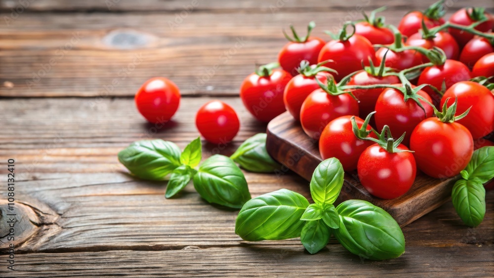 Cherry tomatoes with basil leaves cut out on background, cherry tomatoes, basil leaves, background, fresh, vibrant, vegetables Cherry tomatoes with basil leaves cut out on background, cherry tomatoes, basil leaves, background, fresh, vibrant, vegetables