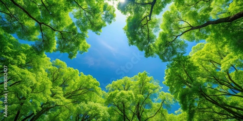 Lush green tree canopy against bright blue sky, tree, canopy, green, leaves, lush, foliage, nature, environment, sky