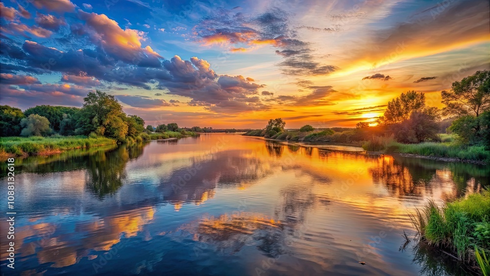 Obraz premium Scenic sunset over a tranquil river, sunset, river, water, reflection, nature, dusk, peaceful, serene, horizon, evening, twilight