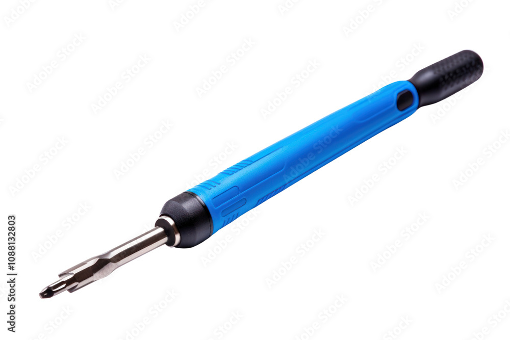 A single Phillips head screwdriver with a blue handle resting horizontally isolated on white background A single Phillips head screwdriver with a blue handle resting horizontally isolated on white background