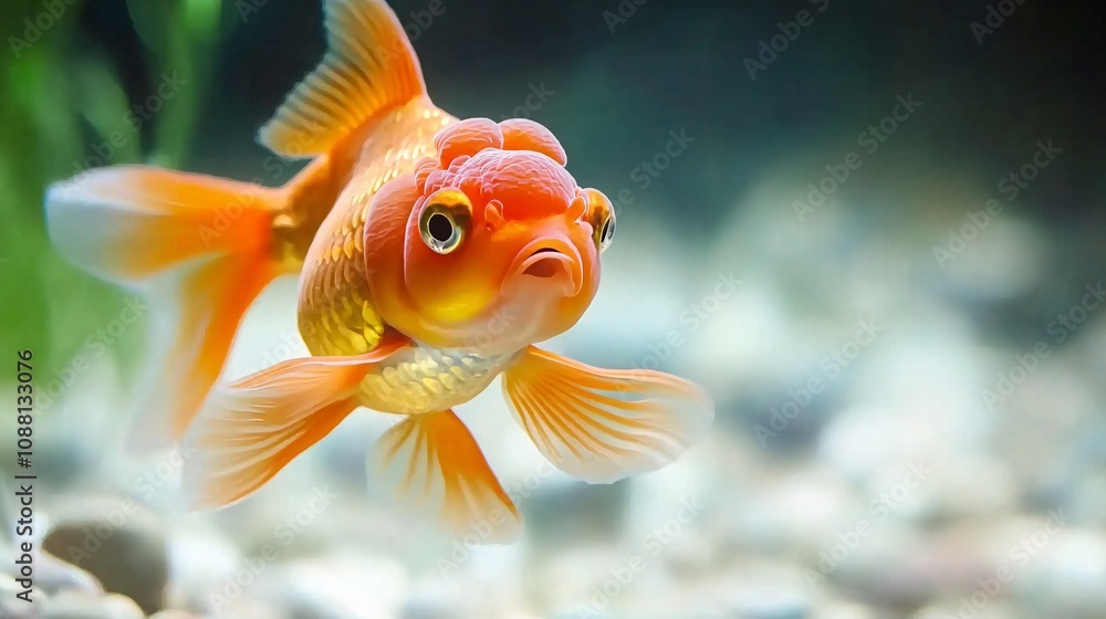 54.A vivid image of an Oranda goldfish gracefully moving through the water in an aquarium. Its vibrant orange body, combined with the unique head shape and elegant fins, stands out against the soft 54.A vivid image of an Oranda goldfish gracefully moving through the water in an aquarium. Its vibrant orange body, combined with the unique head shape and elegant fins, stands out against the soft