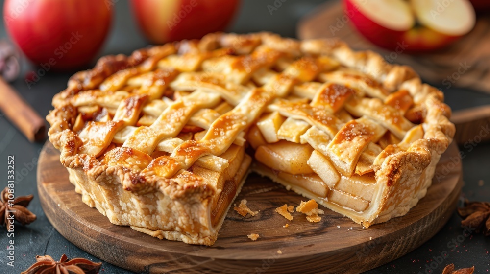 Delicious homemade apple pie with a lattice crust, served on a wooden board with fresh apples and spices. Delicious homemade apple pie with a lattice crust, served on a wooden board with fresh apples and spices.
