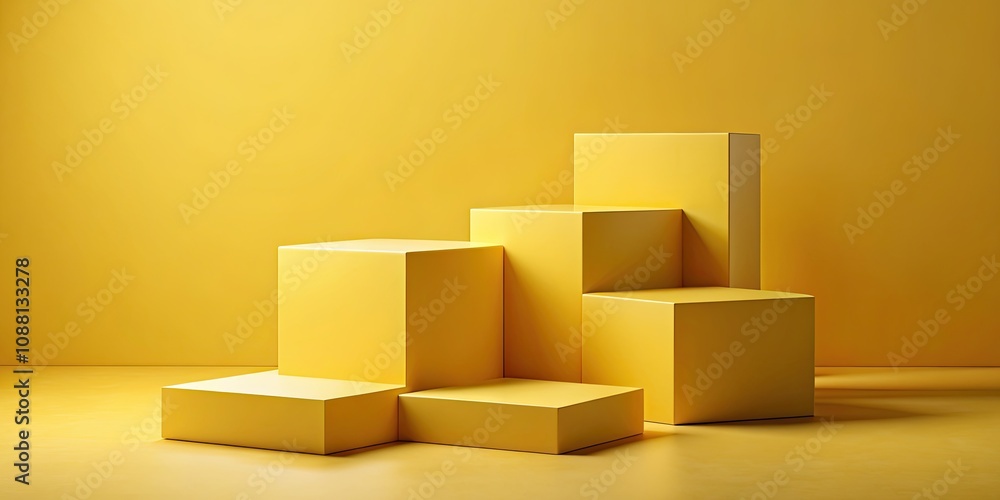 Abstract render scene with geometric forms on podium for product display, yellow background, abstract, minimal Abstract render scene with geometric forms on podium for product display, yellow background, abstract, minimal