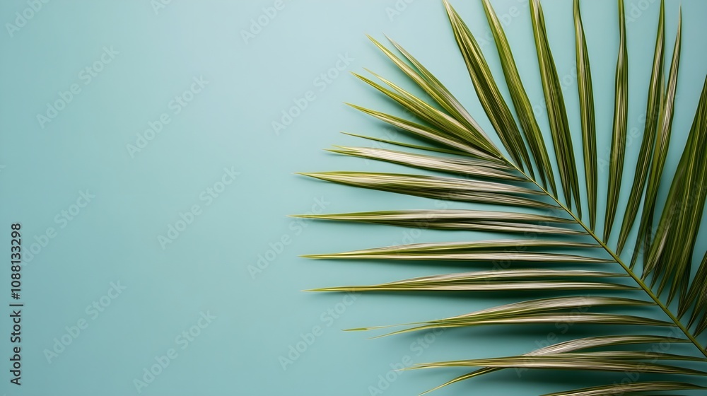 Fototapeta premium Palm leaf on green blue background with space for text