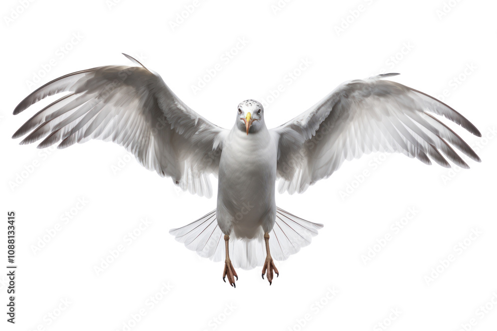 Obraz premium A seagull in flight with detailed wing feathers and tail spread out in a dynamic pose isolated on white background