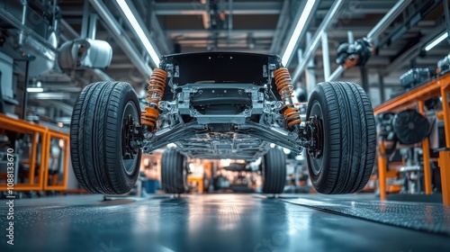 Car on Lift at Automotive Service Center Showing Underbody and Axles, Mechanic Repair Shop Concept