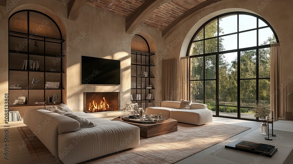 Elegant Modern Living Room with Natural Light and Cozy Fireplace Elegant Modern Living Room with Natural Light and Cozy Fireplace