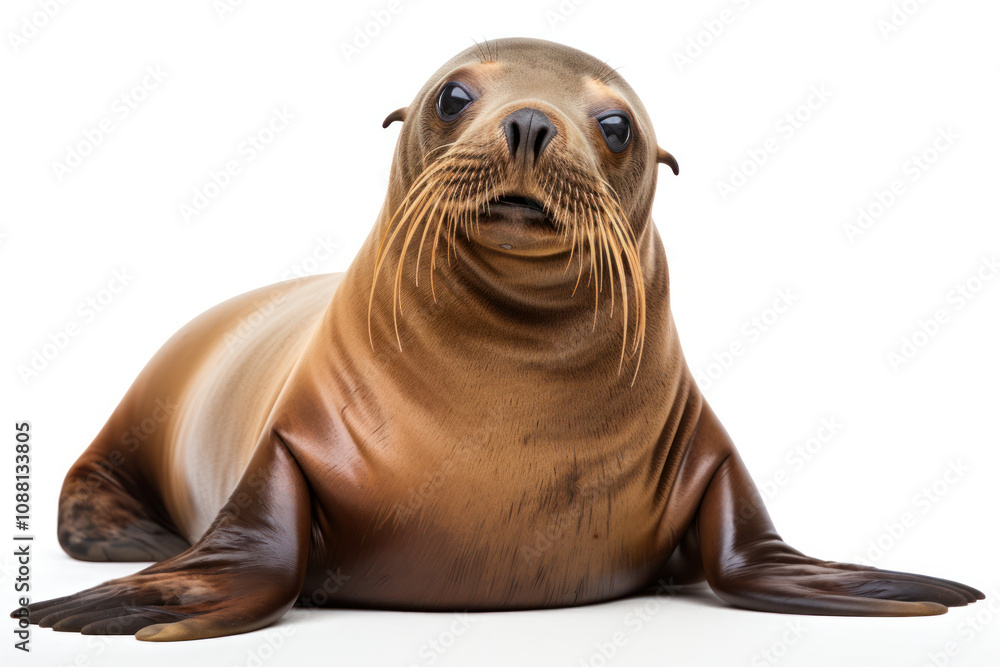A sea lion sitting upright with its head raised high and whiskers prominent isolated on white background A sea lion sitting upright with its head raised high and whiskers prominent isolated on white background