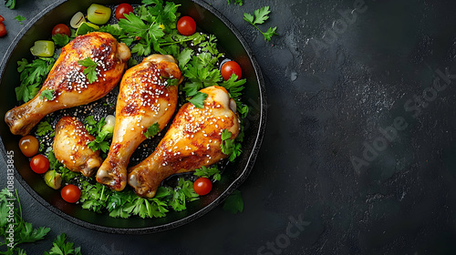 Sesame-Crusted Roasted Chicken Drumsticks with Cherry Tomatoes and Parsley in Cast Iron Skillet, Served on a Black Slate Background