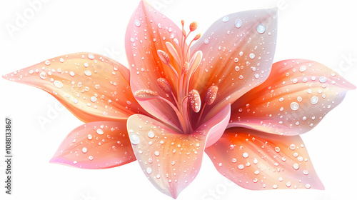 A delicate pink and orange flower with water droplets on its petals. Delicate Flower Petals. Illustration