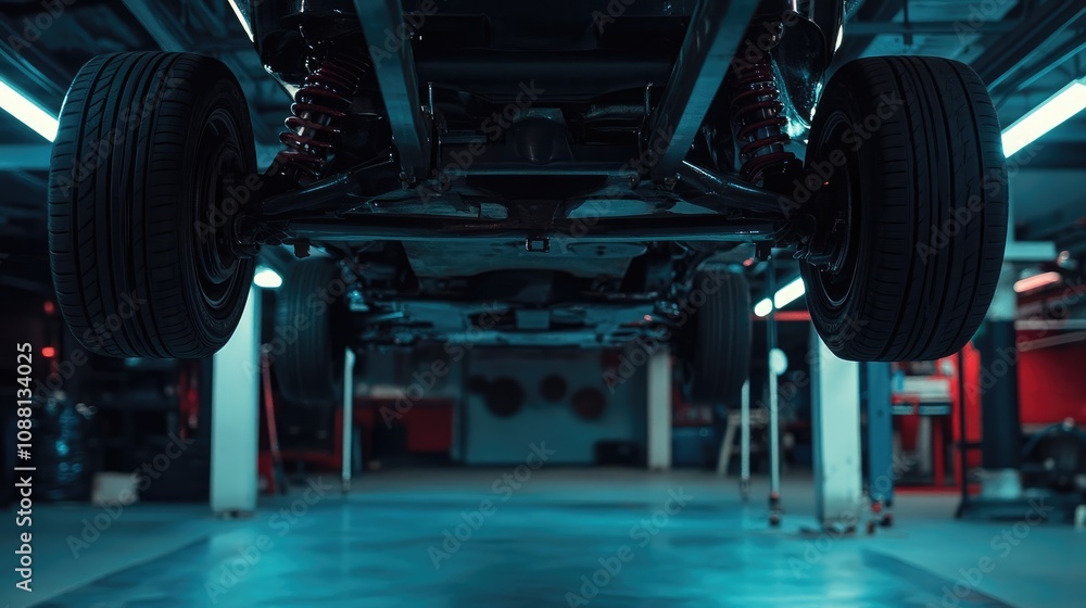 Fototapeta premium Car on Lift at Automotive Service Center Showing Underbody and Axles, Mechanic Repair Shop Concept