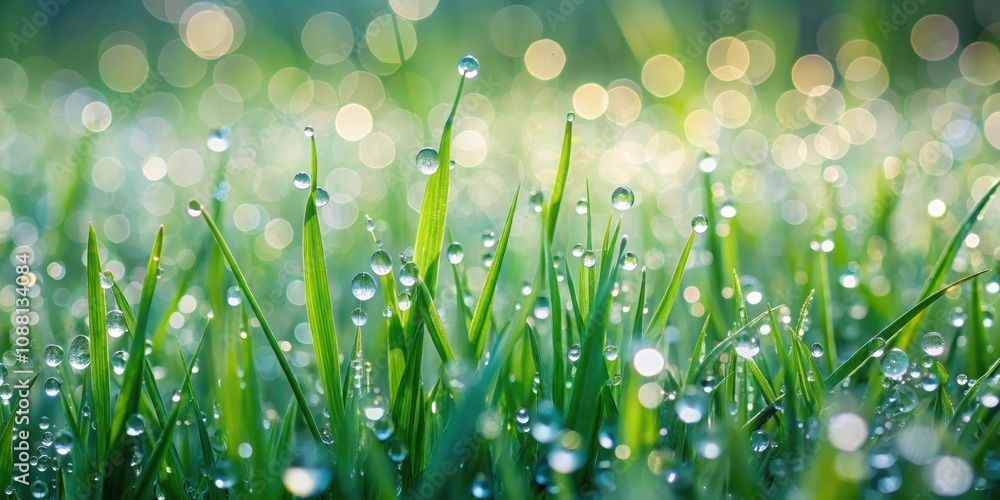 Fototapeta premium Closeup shot of grass covered in morning dew drops creating a serene and abstract background, nature, green