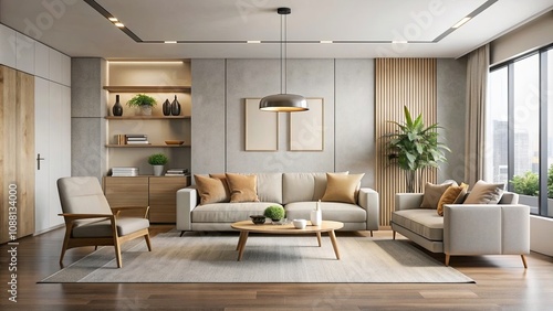 A sleek and minimalist interior design featuring clean lines, neutral colors, and contemporary furniture, modern, interior