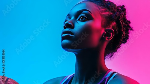 A Dynamic Portrait of a Young Female Basketball Player in Neon Light