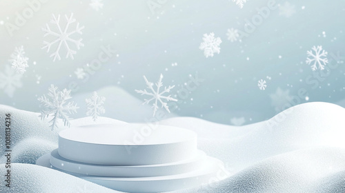 Wallpaper Mural Snowy winter landscape featuring a simple round pedestal on soft snow with falling snowflakes Torontodigital.ca