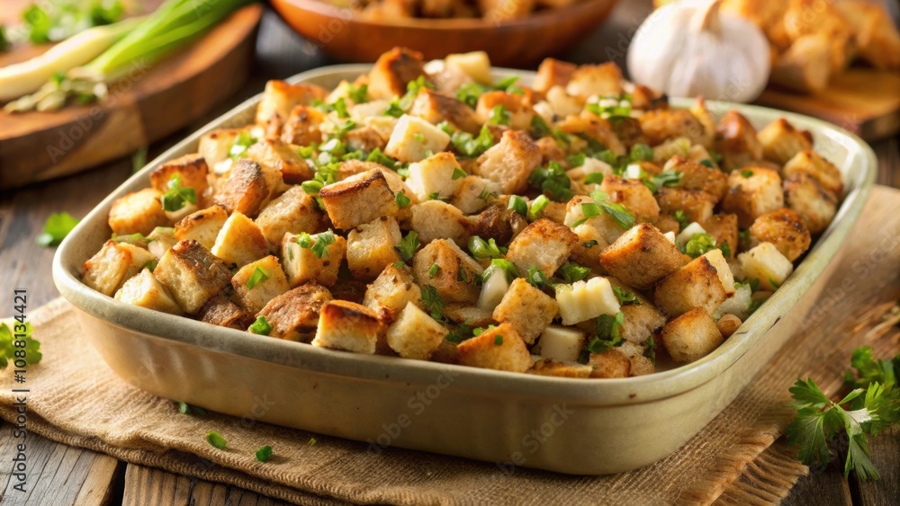 Delicious turkey stuffing prepared with a mix of bread cubes, onion, celery, and herbs, Thanksgiving, holiday, homemade, savory Delicious turkey stuffing prepared with a mix of bread cubes, onion, celery, and herbs, Thanksgiving, holiday, homemade, savory
