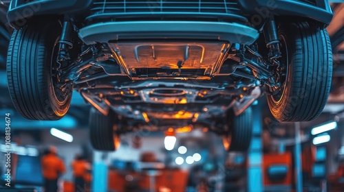 Car on Lift at Automotive Service Center Showing Underbody and Axles, Mechanic Repair Shop Concept