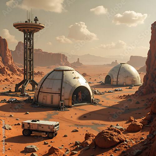 Exploring alien landscapes  futuristic research stations on a mars like planet, digital rendering of futuristic environment concept. photo