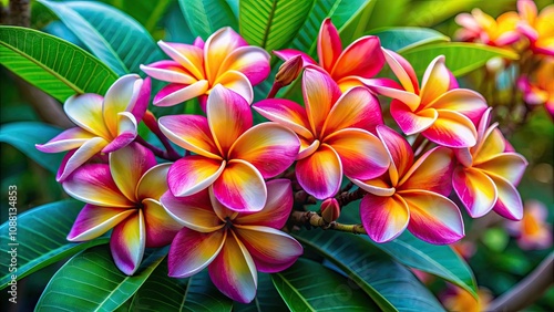 Vibrant plumeria floral arrangement in full bloom , plumeria, flowers, vibrant, tropical, arrangement, petals, exotic