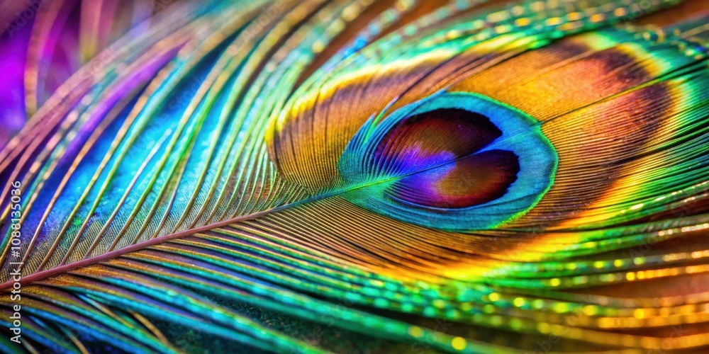 Obraz premium Close-up of vibrant peacock feather showcasing stunning iridescent colors, peacock, feather, close-up, vibrant, iridescent