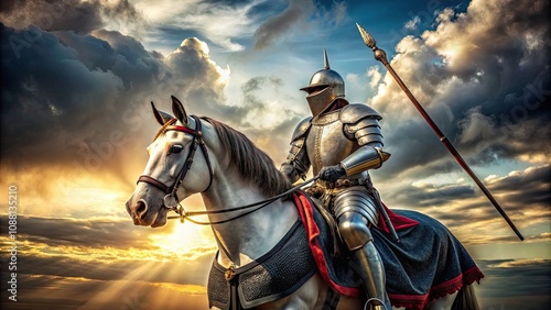 Knight in shining armor riding a majestic horse , medieval, warrior, armor, steed, gallop, fantasy, chivalry, noble photo